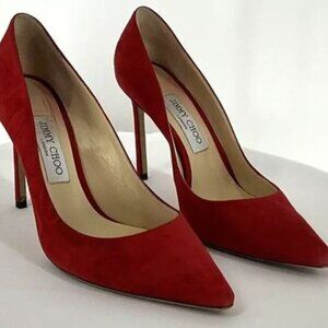Jimmy Choo Women's Pointed Toe Suede Pumps in Red Size 38.5